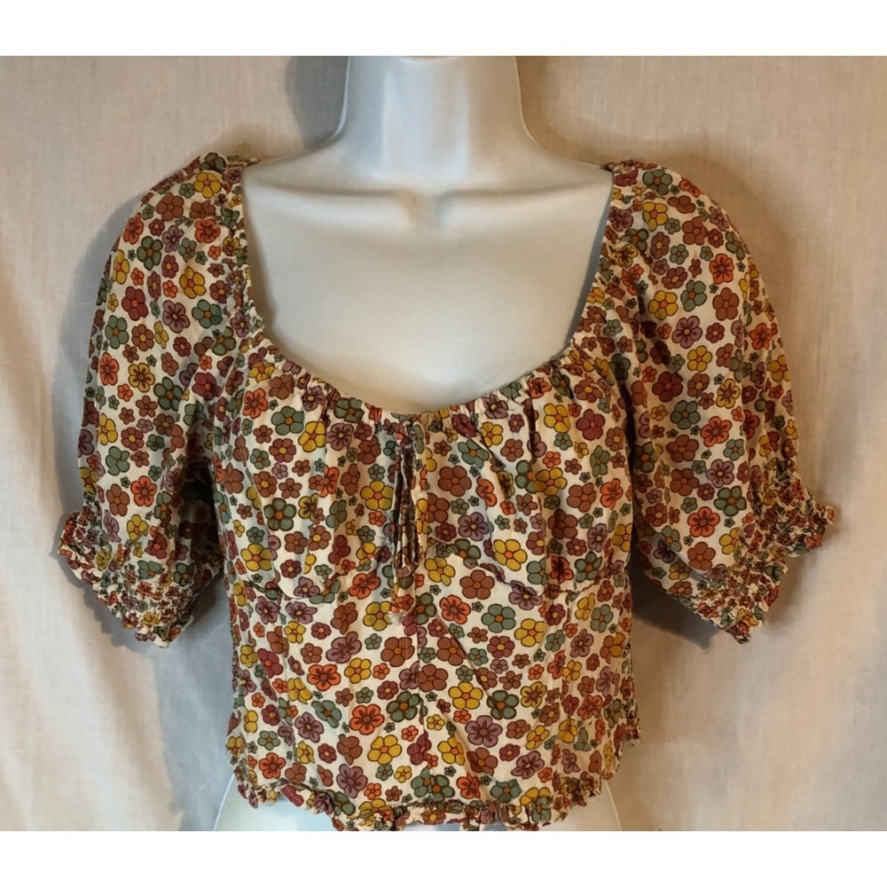 SO Junior Floral Puff Sleeve Blouse Smocked Back Peasant Top Sz M 70's inspired